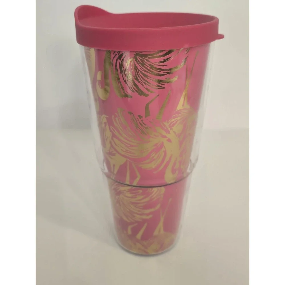 Lilly Pulitzer Jungle Tumble Pink Gold 24oz Insulated Plastic Tumbler Cup‎ NEW
